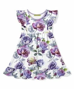 Hot Sale 🔔 Millie Loves Lily White & Purple Rose Floral Angel-Sleeve 👗 Dress - Infant, Toddler & 👧 Girls For Kids 👏