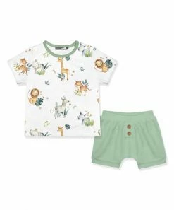 Wholesale 💯 Little Millie White & Sage Animals Button-Snap Tee & Sage Shorts - Infant For Kids 👍