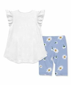 Cheap 🧨 Millie+ By Millie Loves Lily White Angel-Sleeve Hi-Low Top & Periwinkle Daisy Bike Shorts - 👧 Girls For Kids ⭐ -Little Millie-shop zu104958950 alt 2 tm1649440251