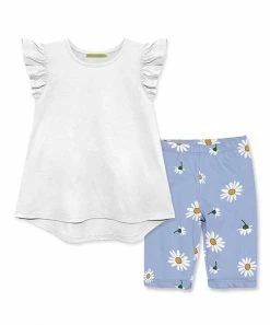 Cheap 🧨 Millie+ By Millie Loves Lily White Angel-Sleeve Hi-Low Top & Periwinkle Daisy Bike Shorts - 👧 Girls For Kids ⭐