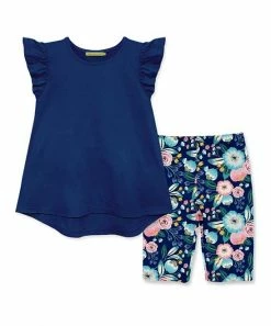 Top 10 💯 Millie+ By Millie Loves Lily Navy Angel-Sleeve Hi-Low Top & Floral Bike Shorts - 👧 Girls For Kids 🥰