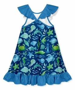 Wholesale 😀 Millie Loves Lily Cobalt & Green Watercolor Sea Ruffle-Hem Yoke 👗 Dress - Infant, Toddler & 👧 Girls For Kids ⌛ -Little Millie-shop zu105043733 alt 2 tm1652446679