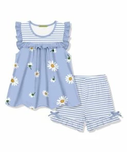 Best Sale 🤩 Millie Loves Lily Periwinkle Daisy Ruffle Sleeveless Top & Stripe Bow Shorts - Infant & 👧 Girls For Kids 🥰