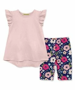 Hot Sale ⭐ Millie+ By Millie Loves Lily Light Pink Angel-Sleeve Hi-Low Top & Christie Roses Bike Shorts - 👧 Girls For Kids 🔥