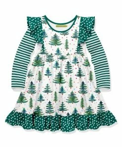 Cheapest 🥰 Millie Loves Lily White & Green Tree Farm Ruffle-Accent A-Line 👗 Dress - Infant, Toddler & 👧 Girls For Kids 😀