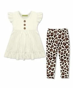 New 👏 Millie Loves Lily Cream Angel-Sleeve Babydoll Top & Leopard Leggings - Toddler & 👧 Girls For Kids 😉