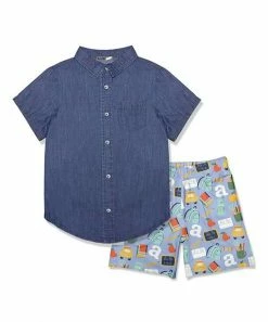 Brand new 🔥 Millie & Maxx Blue Short-Sleeve Button-Up & School Supplies Pocket Shorts - Toddler For Kids 😉