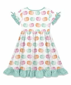 Discount 🔔 Millie Loves Lily White & Mint Pastel Pumpkins Bow-Sleeve A-Line 👗 Dress - 👧 Girls For Kids 🎉 -Little Millie-shop zu106435562 alt 2 tm1654867419