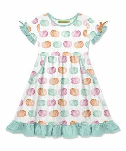 Discount 🔔 Millie Loves Lily White & Mint Pastel Pumpkins Bow-Sleeve A-Line 👗 Dress - 👧 Girls For Kids 🎉