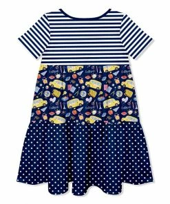Promo 🥰 Millie Loves Lily Navy Stripe School Bus Tiered Button-Front A-Line 👗 Dress - 👧 Girls For Kids 🤩 -Little Millie-shop zu106435989 alt 2 tm1654867419