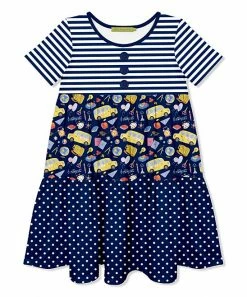 Promo 🥰 Millie Loves Lily Navy Stripe School Bus Tiered Button-Front A-Line 👗 Dress - 👧 Girls For Kids 🤩