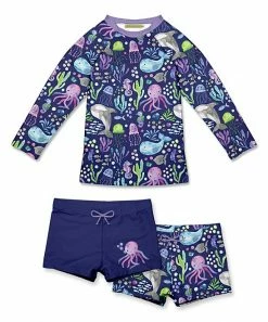 New 💯 Millie Loves Lily Dusty Navy & Pink Octopus Sea Long-Sleeve Rashguard Set - Toddler & 👧 Girls For Kids 🎁