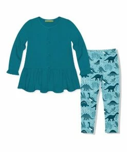 Best Pirce 💯 Millie Loves Lily Teal Button-Front Waffle-Knit Tunic & Blue Roaming Dino Leggings - Toddler & 👧 Girls For Kids 👏