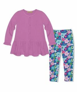 Discount ✨ Millie Loves Lily Violet Button-Front Waffle-Knit Tunic & Blue Flower Leggings - Toddler & 👧 Girls For Kids ✔️