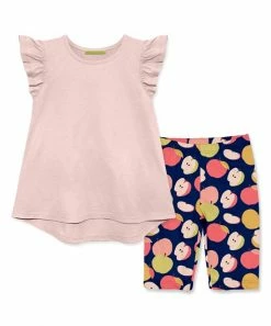 Wholesale 😍 Millie+ By Millie Loves Lily Light Pink Angel-Sleeve Hi-Low Top & Navy & Red Apple Bike Shorts - 👧 Girls For Kids ❤️