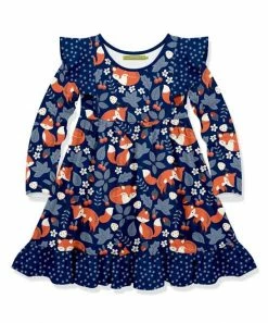 New 🔔 Millie Loves Lily Navy Fox Trot Long-Sleeve A-Line 👗 Dress - Infant, Toddler & 👧 Girls For Kids 🎁
