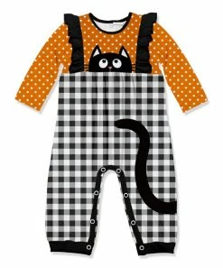 Deals 💯 Little Millie Orange & Black Dot Cat Ruffle-Trim Playsuit - Infant For Baby & Maternity 💯