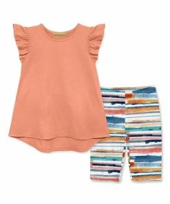 Deals ✔️ Millie Loves Lily Coral Angel-Sleeve Hi-Low Top & Teal Riptide Stripe Bike Shorts - 👧 Girls For Kids 👍