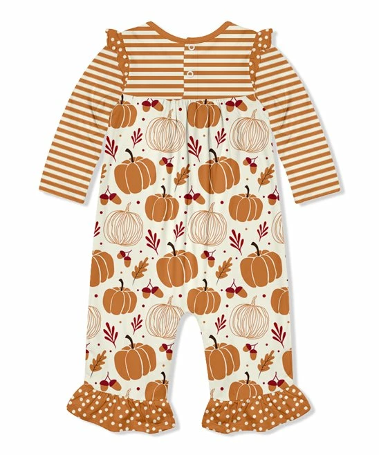 Cheap π Little Millie Cream & Orange Pumpkin Paradise Ruffle-Trim Playsuit - Infant For Baby & Maternity π 3 Cheap π Little Millie Cream & Orange Pumpkin Paradise Ruffle-Trim Playsuit - Infant For Baby & Maternity π - Image 3