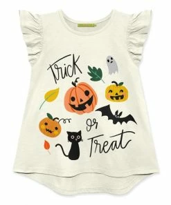 Flash Sale 👍 Millie Loves Lily Cream & Orange 'Trick Or Treat' 🎃 Halloween Angel-Sleeve Hi-Low Top - 👧 Girls For Kids ❤️