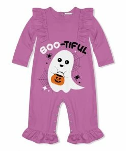Coupon ❤️ Little Millie Violet & White 'Boo-tiful' Ghost Ruffle-Trim Playsuit - Infant For Kids 👏