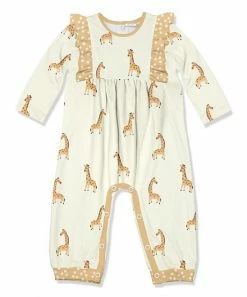 Outlet ✨ Little Millie Cream & Wheat Giraffe Ruffle-Trim Playsuit - Infant & Toddler For Kids 🎉