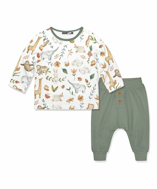 New π Little Millie White & Brown Safari Sam Button-Snap Tee & Olive Joggers - Infant & Toddler For Kids π 1 New π Little Millie White & Brown Safari Sam Button-Snap Tee & Olive Joggers - Infant & Toddler For Kids π