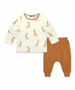 Outlet 👏 Little Millie Cream & Rust Giraffe Button-Snap Tee & Rust Joggers - Infant & Toddler For Kids ⭐