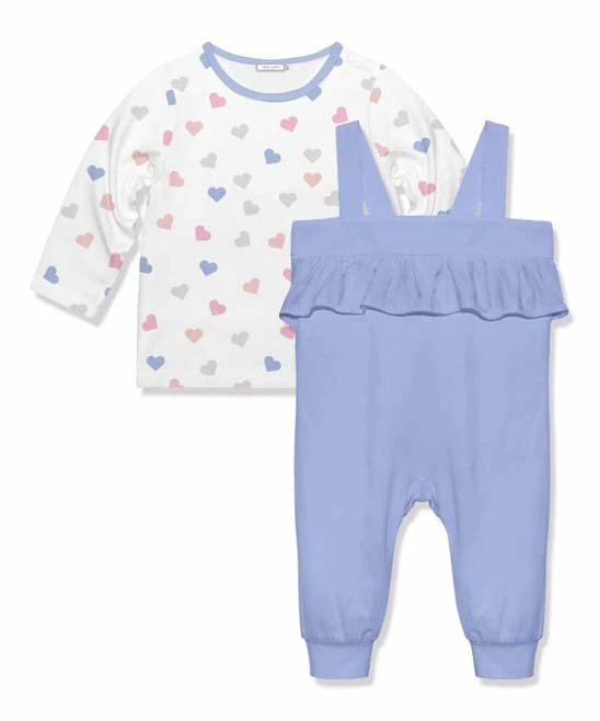 Wholesale π Little Millie White & Periwinkle Hearts Long-Sleeve Top & Ruffle Overalls - Infant & Toddler For Kids π 1 Wholesale π Little Millie White & Periwinkle Hearts Long-Sleeve Top & Ruffle Overalls - Infant & Toddler For Kids π
