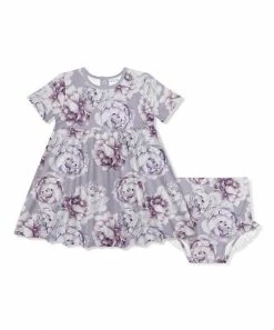 Budget 😀 Little Millie Purple Gray Rose Short-Sleeve A-Line 👗 Dress & Diaper Cover - Infant & Toddler For Kids 🧨