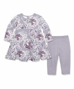 Cheap ⭐ Little Millie Gray Purple Rose Long-Sleeve Babydoll 👗 Dress & Leggings - Infant & Toddler For Kids 🛒