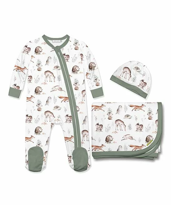 Flash Sale π Little Millie White & Green Woodland Animals Long-Sleeve Footie Set - Infant For Baby & Maternity π― 1 Flash Sale π Little Millie White & Green Woodland Animals Long-Sleeve Footie Set - Infant For Baby & Maternity π―