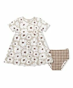 New 🎉 Little Millie Tan Flower Babydoll 👗 Dress & Dark Brown Gingham Diaper Cover - Infant & Toddler For Kids 🧨