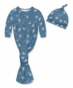 Best Pirce 🎉 Little Millie Dusty Blue & White Airplane Knotted Gown & Knot-Tie Beanie - Infant For Baby & Maternity 💯