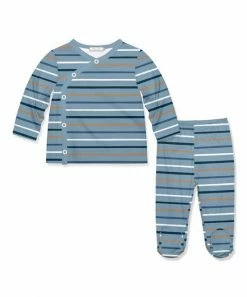 Cheapest 👍 Little Millie Dusty Blue & Orange Safari Stripe Button-Snap Top & Footie Pants - Infant For Baby & Maternity 👍