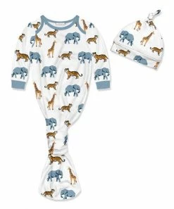Best Sale ❤️ Little Millie White & Blue Animals Knotted Gown & Knot-Tie Beanie - Infant For Baby & Maternity 💯