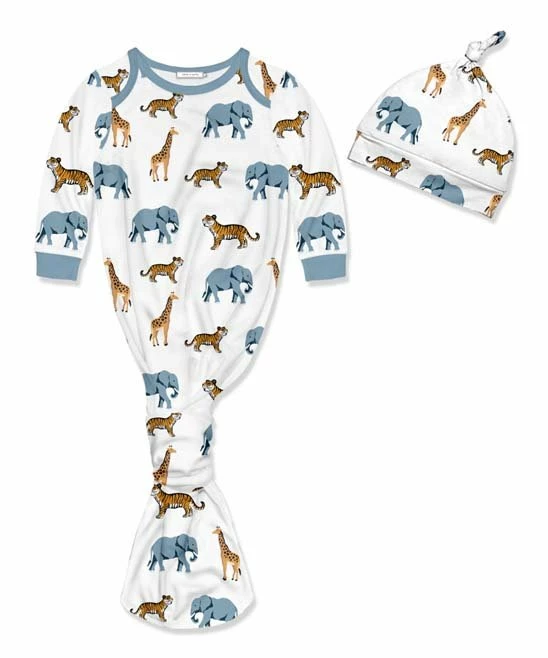 Best Sale β€οΈ Little Millie White & Blue Animals Knotted Gown & Knot-Tie Beanie - Infant For Baby & Maternity π― 1 Best Sale β€οΈ Little Millie White & Blue Animals Knotted Gown & Knot-Tie Beanie - Infant For Baby & Maternity π―
