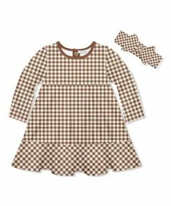 Best Pirce ❤️ Little Millie Brown Gingham Babydoll 👗 Dress & Bow-Accent Headband - Infant & Toddler For Kids 🧨