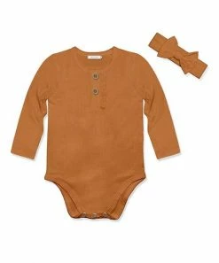 New ❤️ Little Millie Brown Rust Waffle-Knit Bodysuit & Bow-Accent Headband - Infant For Baby & Maternity ✔️