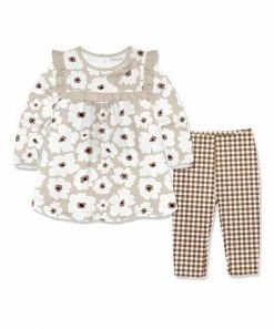 New 👏 Little Millie Light Tan Flower Babydoll 👗 Dress & Gingham Leggings - Infant & Toddler For Kids ✔️