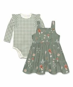 Outlet 😍 Little Millie Loden Frost Gingham Bodysuit & Mushroom Leaf A-Line 👗 Dress - Infant For Kids ❤️