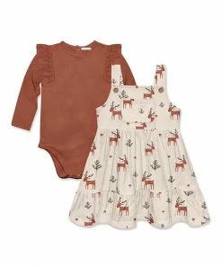 Outlet ⌛ Little Millie Baked Clay Bodysuit & Light Tan Woodland Reindeer A-Line 👗 Dress - Infant & Toddler For Kids 💯