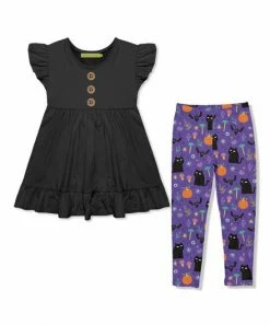 New ❤️ Millie Loves Lily Black Babydoll Top & Purple Cats 🎃 Halloween Leggings - 👧 Girls For Kids ⭐