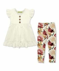 Outlet 🔔 Millie Loves Lily Cream Angel-Sleeve Top & Floral Harvest Leggings - Infant, Toddler & 👧 Girls For Kids 🥰