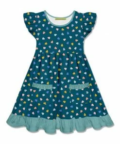 Deals ⭐ Millie Loves Lily Teal Triangle Ditsy Patch-Pocket Angel-Sleeve 👗 Dress - 👧 Girls For Kids ✨
