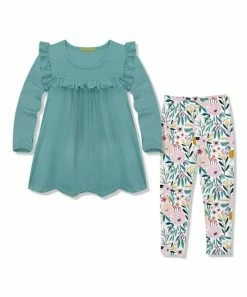 Best Sale 🧨 Millie Loves Lily Nile Blue Ruffle Long-Sleeve Top & Pink Sweet Meadow Leggings - Infant, Toddler & 👧 Girls For Kids 🌟