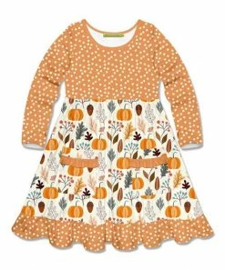 Flash Sale ✨ Millie Loves Lily Cream & Orange Autumn Frost Pocket Long-Sleeve A-Line 👗 Dress - 👧 Girls For Kids 🧨