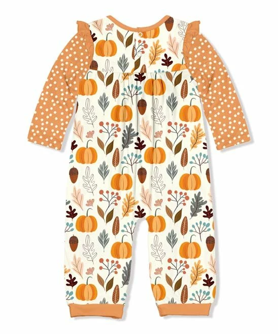 Budget π₯ Little Millie Cream & Orange Autumn Frost Ruffle-Trim Playsuit - Toddler For Kids π 3 Budget π₯ Little Millie Cream & Orange Autumn Frost Ruffle-Trim Playsuit - Toddler For Kids π - Image 3