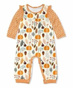 Budget 🔥 Little Millie Cream & Orange Autumn Frost Ruffle-Trim Playsuit - Toddler For Kids 🎉