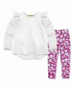 Brand new 🎁 Millie+ By Millie Loves Lily White Ruffle Hi-Low Top & Pink Floral Wind Leggings - 👧 Girls For Kids 👏